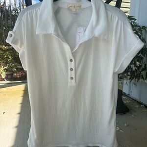 Polo Collar Button Down Blouse with Roll-Tab Sleeve in Eggshell Women’s Size L